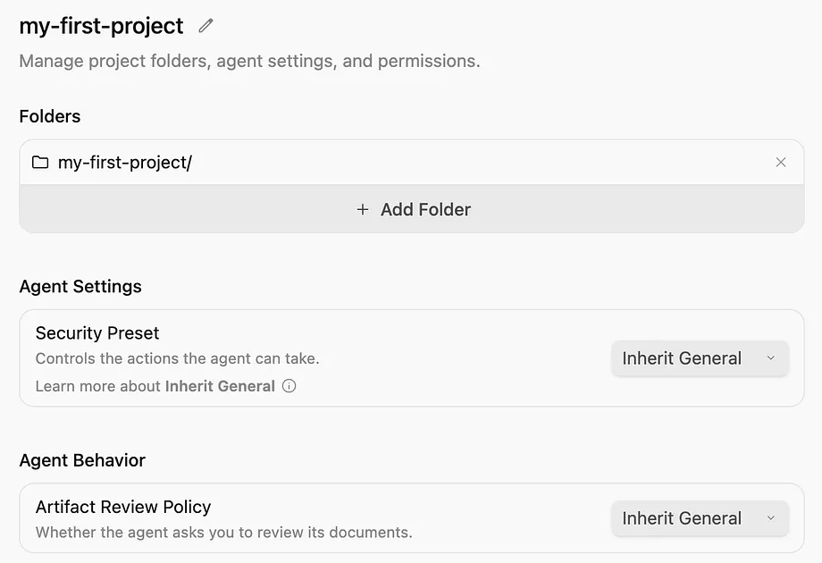 Project settings with Security Preset and Artifact Review Policy