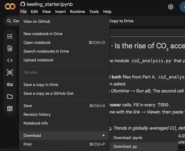 Colab's File menu open at Download, with Download .ipynb and Download .py